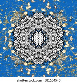 Line art border for design template. Golden element on blue background. Golden outline floral decor. Eastern style element. Vector illustration for invitations, cards, web page.