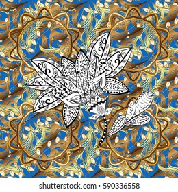 Line art border for design template. Golden outline floral decor. Golden element on blue background. Vector illustration for invitations, cards, web page. Eastern style element.