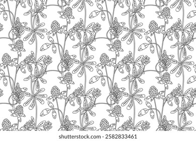 Line art botanical abstract seamless plant pattern with Clover wildflowers vector illustration. Black and white outline repeating floral background. Graphic design for Wallpaper Textile Cover Birthday