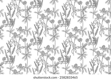 Line art botanical abstract seamless plant pattern with Clover wildflowers vector illustration. Black and white outline repeating floral background. Graphic design for Wallpaper Textile Cover Birthday
