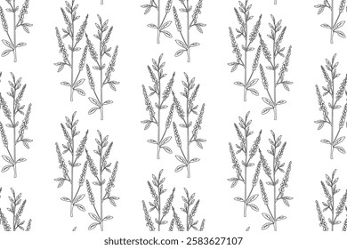 Line art botanical abstract seamless plant pattern with wildflowers vector illustration. Black and white outline repeating floral background. Graphic design for Wallpaper Textile Cover Birthday Card