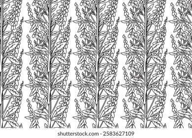 Line art botanical abstract seamless plant pattern with wildflowers vector illustration. Black and white outline repeating floral background. Graphic design for Wallpaper Textile Cover Birthday Card