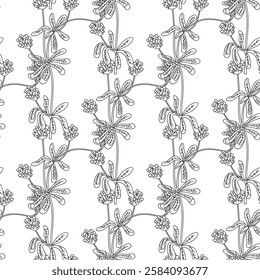 Line art botanical abstract seamless plant pattern with Clovers wildflowers vector illustration.Black and white outline repeating floral background. Graphic design for Wallpaper Textile Cover Birthday