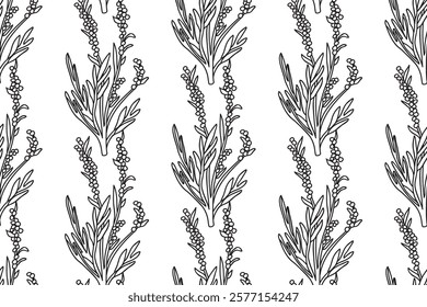 Line art botanical branches with leaves and berries seamless pattern abstract background. Black and white outline repeating plants trees vector illustration. Graphic design for Wallpaper Print Cover