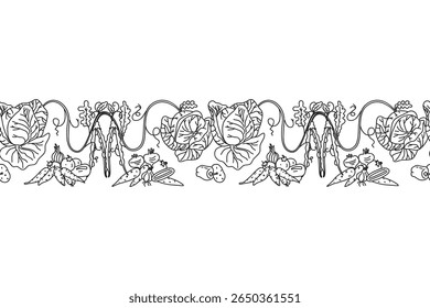 Line art botanical decorative different vegetables horizontal border seamless pattern isolated on white background. Hand drawn outline veggies with Cabbage Carrot Peas Pepper Onion vector design Card