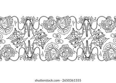 Line art botanical decorative different vegetables horizontal border seamless pattern isolated on white background. Hand drawn outline veggies with Cabbage Carrot Peas Pepper Onion vector design Card