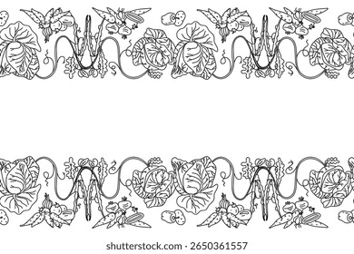 Line art botanical decorative different vegetables horizontal border seamless pattern isolated on white background. Hand drawn outline veggies with Cabbage Carrot Peas Pepper Onion vector design Card