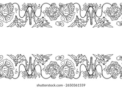 Line art botanical decorative different vegetables horizontal border seamless pattern isolated on white background. Hand drawn outline veggies with Cabbage Carrot Peas Pepper Onion vector design Card