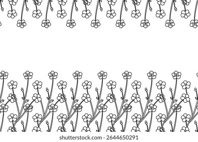 Line art botanical floral horizontal border with meadow flowers isolated on white background. Hand drawn outline little wildflowers vector illustration.Graphic design element for Birthday Wedding Card
