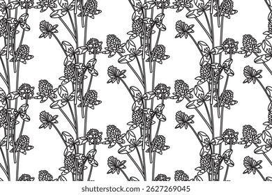 Line art botanical floral seamless pattern vector illustration. Black outline repeating clover plants with Flowers Leaves Stems in white background. Graphic design for Fashion Cover Textile Wedding