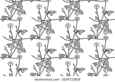 Line art botanical floral seamless pattern vector illustration. Black outline repeating wildflowers plants in white background. Graphic design for Fashion Cover Textile Wedding Print Fabric Coloring 