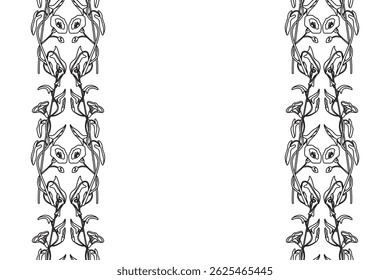 Line art botanical floral vertical border isolated on white background. Hand drawn outline bindweed plant with Flowers Stems Leaves vector illustration.Graphic design element for Birthday Wedding Card