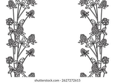 Line art botanical floral vertical seamless border isolated on white background. Hand drawn outline clover plant with Flowers Leaves Stems vector illustration. Graphic design element for Birthday Card