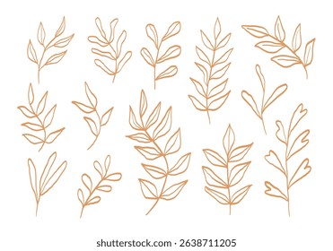 Line Art Botanical Foliage Sketch. A curated collection of 13 botanical foliage illustrations in hand drawn line art style using organic shapes and clean outlines. Perfect for nature themed projects