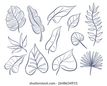 Line Art Botanical Leaf Collection. Aesthetic set of 12 tropical and organic leaf illustrations drawn in fine blue line art with diverse forms from heart shaped to palm fan perfect for nature visuals