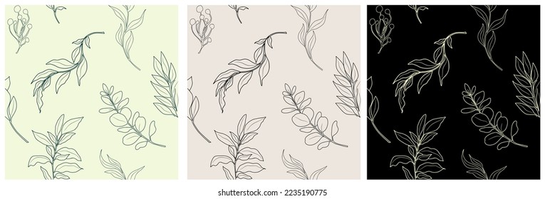 Line art botanical pattern with trendy greenery. Seamless repeating background with herbs print. Black and white vintage texture with herbal field plants, leaves. Hand Drawn vector illustration