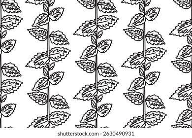 Line art botanical plants seamless pattern vector illustration. Black outline repeating foliage in white background. Graphic design for Fashion Cover Textile Wedding Print Fabric Coloring Page Card