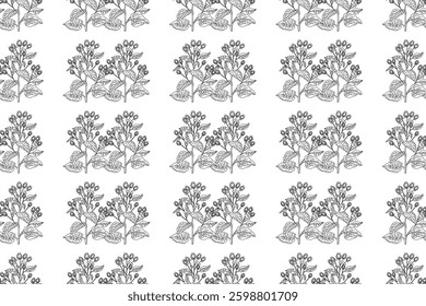Line art botanical seamless floral pattern with wildflowers vector illustration.Black and white outline repeating plant in white background. Graphic design for Fashion Cover Textile Coloring Page Card