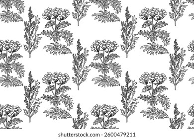 Line art botanical seamless plant pattern with flowers vector illustration. Black outline repeating floral pattern in white background. Graphic design for Fashion Cover Textile Coloring Page Birthday 