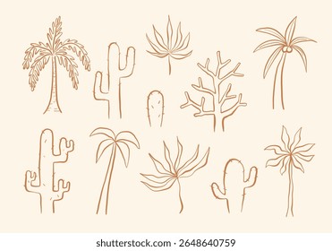 Line Art Botanical Tree And Cactus. A collection of 11 line art elements including palm trees cacti and abstract botanical shapes in warm minimal style ideal for summer visuals tropical themes