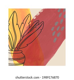 line art botany template poster with strilizia and abstracts paint texture and color spots. wall art or postcard template. Vector illustration