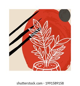 afiche de plantilla de fondo de arte de línea con zamioculcas y textura de pintura abstracta y manchas de color. arte de pared o plantilla de postal. Ilustración del vector