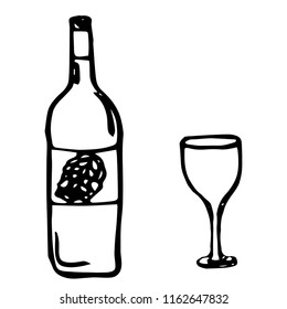 Line art. A bottle of wine and a glass. Vector illustration. 
