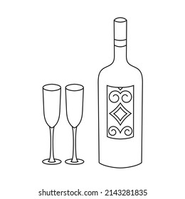 Botella de arte de línea de vino con dos anteojos contorno mínimo ilustración