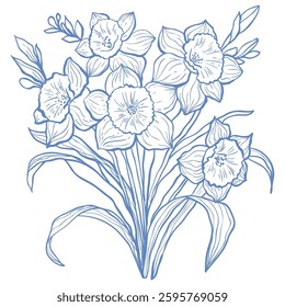 Line Art Bouquet with Daffodill. Vector Illustration.