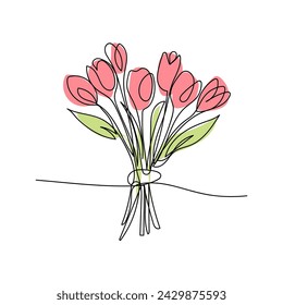  line art, bouquet of flowers tulip spring and summer, drawing with one line. vector illustration white background