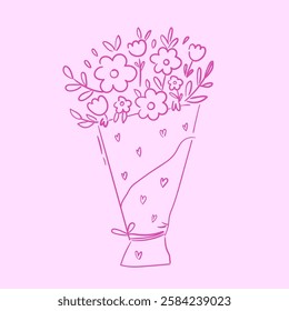 Line art bouquet in pink color. Whimsical flowers doodle drawing. Valentine's day gift. Vector graphic