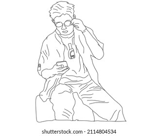 line art of boy in glasses sitting and playing with handphone on white background. Vector illustration