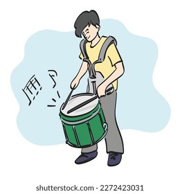 line art boy playing marching snare illustration vector hand drawn isolated on white background 