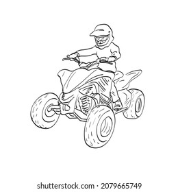 line art boy riding ATV or quad bike illustration vector isolated on white background