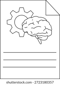 Arte lineal de un cerebro que cruza un engranaje con un papel de esquina doblado y tres líneas en la mitad inferior del papel