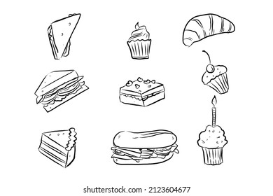 Line Art Bread and Cake Vector
