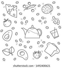 Line art breakfast set with vegetables, fruits, cheese and sausage 