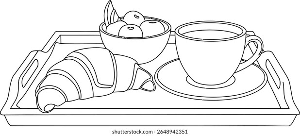 Line Art Breakfast Tray with Croissant, Coffee Cup, and Fruit Bowl