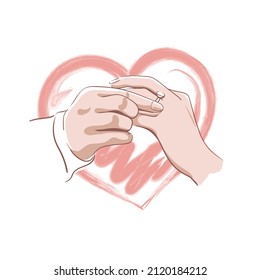 Arte de línea Novia y pareja de novios enamorados. Manos con anillo de boda; El concepto de maternidad familiar feliz; Ilustración vectorial dibujada a mano. 