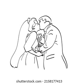line art bride and groom kissing illustration vector hand drawn isolated on white background
