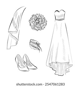 Traje de novia: vestido, velo, zapatos, ramo, liga en estilo de arte de línea. Diseño minimalista de Vector