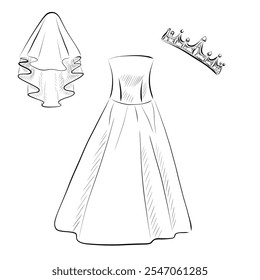 Traje de novia: vestido, velo, tiara en estilo de arte de línea. Diseño minimalista de Vector