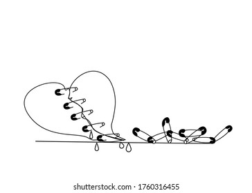 Line art of Broken heart was cut and attached with many safety pins. Sadness, Feeling sorry for a broken heart concept.