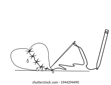 Line art of Broken heart was cut and sewed and pen.Sadness,Feeling sorry for broken heart. Copy space, for your text.