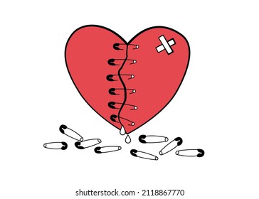 Line art of Broken heart was cut and sewed by thread and needle .Sadness,Feeling sorry for broken heart. Copy space, for your text. Vector illustration 