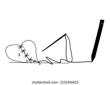 Line art of Broken heart was cut and sewed by thread and needle .Sadness,Feeling sorry for broken heart. Copy space, for your text.
