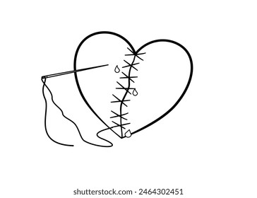 Line art of Broken heart was cut and sewed by thread and needle .Sadness,Feeling sorry for broken heart. Copy space, for your text.