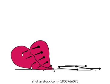 Line art of Broken red heart was cut and attached with many pins. Sadness,Feeling sorry for broken heart.