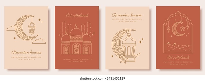 Line art brown and beige Islamic holiday template set isolated on white background.