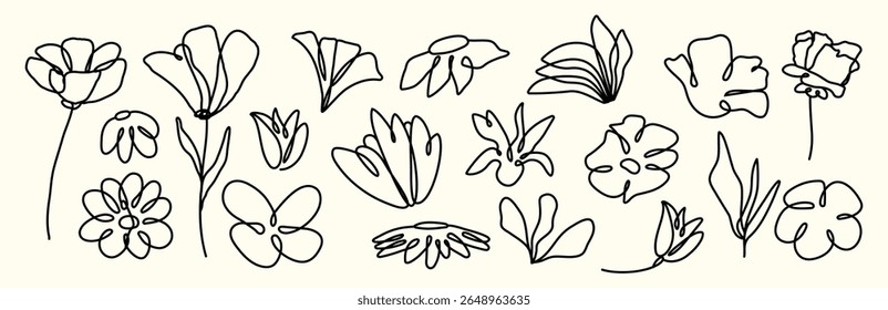 Pincel. Pincel. Silhueta de flores Boho. Carvão, lápis, lápis. Rabiscar. Mão desenhada. Rabisco de tatuagem. Tinta abstrata. Textura grunge. Conjunto de minimalismo. Plantas de botânica. Elementos simples. Traçado editável. 